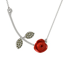 Gül Yaprağı Kolye - Peridot 14 ayar beyaz altın kolye (Kırmızı mineli, 40 cm beyaz altın rolo zincir) #1vet32a