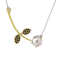 Gül Yaprağı Kolye - Siyah zirkon 14 ayar altın kolye (Beyaz mineli, 40 cm beyaz altın rolo zincir) #1xbkfwb