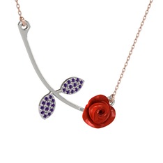 Ametist 8 ayar beyaz altın kolye (Kırmızı mineli, 40 cm rose altın rolo zincir)