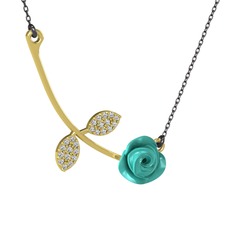Gül Yaprağı Kolye - Beyaz zirkon 18 ayar altın kolye (Turkuaz mineli, 40 cm gümüş rolo zincir) #2h1t2a