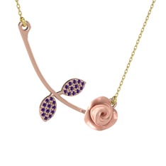 Gül Yaprağı Kolye - Ametist 18 ayar rose altın kolye (Pembe mineli, 40 cm gümüş rolo zincir) #2oohtg