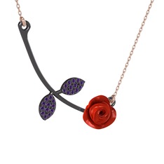Gül Yaprağı Kolye - Ametist 925 ayar siyah rodyum kaplama gümüş kolye (Kırmızı mineli, 40 cm rose altın rolo zincir) #3817so