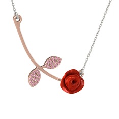 Pembe kuvars 18 ayar rose altın kolye (Kırmızı mineli, 40 cm beyaz altın rolo zincir)
