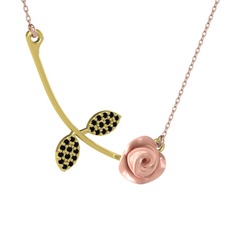 Gül Yaprağı Kolye - Siyah zirkon 18 ayar altın kolye (Pembe mineli, 40 cm rose altın rolo zincir) #50kkrh