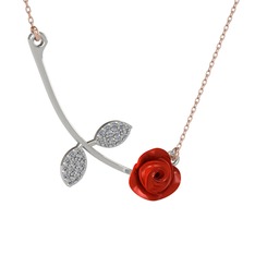 Gül Yaprağı Kolye - Pırlanta 14 ayar beyaz altın kolye (0.528 karat, kırmızı mineli, 40 cm rose altın rolo zincir) #6t252w