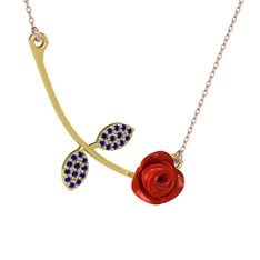 Gül Yaprağı Kolye - Lab safir 14 ayar altın kolye (Kırmızı mineli, 40 cm rose altın rolo zincir) #70kr3z