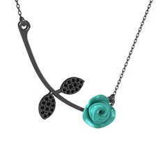 Gül Yaprağı Kolye - Siyah zirkon 925 ayar siyah rodyum kaplama gümüş kolye (Turkuaz mineli, 40 cm gümüş rolo zincir) #713g8k