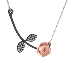 Gül Yaprağı Kolye - Beyaz zirkon 925 ayar siyah rodyum kaplama gümüş kolye (Pembe mineli, 40 cm rose altın rolo zincir) #81e2tz