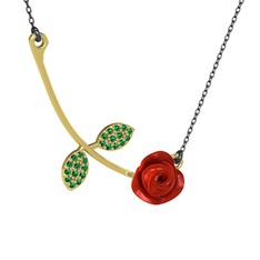 Gül Yaprağı Kolye - Yeşil kuvars 14 ayar altın kolye (Kırmızı mineli, 40 cm gümüş rolo zincir) #946nwn