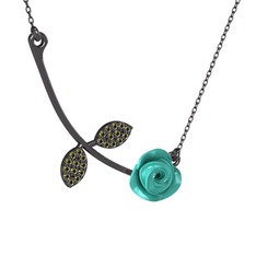 Gül Yaprağı Kolye - Peridot 925 ayar siyah rodyum kaplama gümüş kolye (Turkuaz mineli, 40 cm gümüş rolo zincir) #96abwq