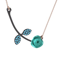 Gül Yaprağı Kolye - Akuamarin 925 ayar siyah rodyum kaplama gümüş kolye (Turkuaz mineli, 40 cm rose altın rolo zincir) #9ouqqv