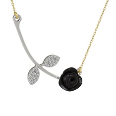 Gül Yaprağı Kolye - Swarovski 18 ayar beyaz altın kolye (Siyah mineli, 40 cm gümüş rolo zincir) #a81fvb