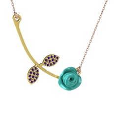 Gül Yaprağı Kolye - Ametist 8 ayar altın kolye (Turkuaz mineli, 40 cm rose altın rolo zincir) #aea5op