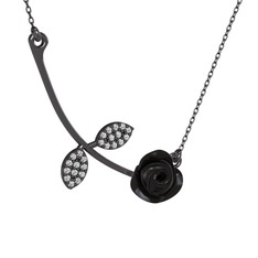 Gül Yaprağı Kolye - Swarovski 925 ayar siyah rodyum kaplama gümüş kolye (Siyah mineli, 40 cm gümüş rolo zincir) #bemd5o