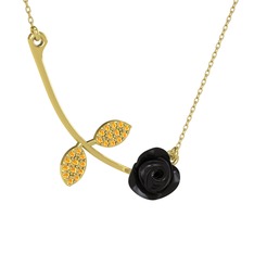 Gül Yaprağı Kolye - Sitrin 18 ayar altın kolye (Siyah mineli, 40 cm gümüş rolo zincir) #btyjra
