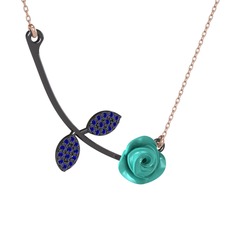 Gül Yaprağı Kolye - Lab safir 925 ayar siyah rodyum kaplama gümüş kolye (Turkuaz mineli, 40 cm rose altın rolo zincir) #cnmpew