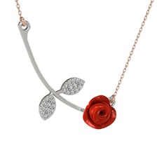 Gül Yaprağı Kolye - Swarovski 8 ayar beyaz altın kolye (Kırmızı mineli, 40 cm rose altın rolo zincir) #feo05a