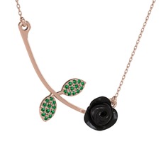 Gül Yaprağı Kolye - Yeşil kuvars 8 ayar rose altın kolye (Siyah mineli, 40 cm rose altın rolo zincir) #g6elbm