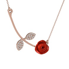 Gül Yaprağı Kolye - Beyaz zirkon 8 ayar rose altın kolye (Kırmızı mineli, 40 cm rose altın rolo zincir) #gc2x5v