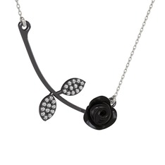 Gül Yaprağı Kolye - Swarovski 925 ayar siyah rodyum kaplama gümüş kolye (Siyah mineli, 40 cm gümüş rolo zincir) #hfv59r