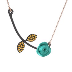 Gül Yaprağı Kolye - Sitrin 925 ayar siyah rodyum kaplama gümüş kolye (Turkuaz mineli, 40 cm rose altın rolo zincir) #ig9v5l