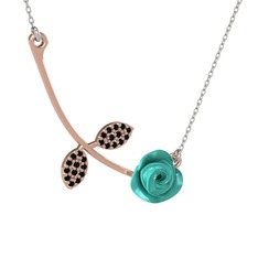 Gül Yaprağı Kolye - Siyah zirkon 925 ayar rose altın kaplama gümüş kolye (Turkuaz mineli, 40 cm beyaz altın rolo zincir) #jo40kw