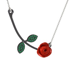 Gül Yaprağı Kolye - Yeşil kuvars 925 ayar siyah rodyum kaplama gümüş kolye (Kırmızı mineli, 40 cm beyaz altın rolo zincir) #kcbm27