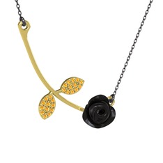Gül Yaprağı Kolye - Sitrin 18 ayar altın kolye (Siyah mineli, 40 cm gümüş rolo zincir) #kn1l5v