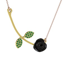 Gül Yaprağı Kolye - Yeşil kuvars 14 ayar altın kolye (Siyah mineli, 40 cm rose altın rolo zincir) #m32u82