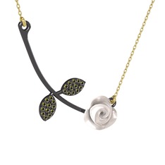 Peridot 925 ayar siyah rodyum kaplama gümüş kolye (Beyaz mineli, 40 cm altın rolo zincir)