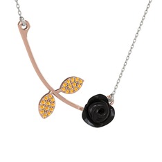 Gül Yaprağı Kolye - Sitrin 925 ayar rose altın kaplama gümüş kolye (Siyah mineli, 40 cm beyaz altın rolo zincir) #mueyw8