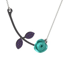 Gül Yaprağı Kolye - Ametist 925 ayar siyah rodyum kaplama gümüş kolye (Turkuaz mineli, 40 cm beyaz altın rolo zincir) #oiaj2h