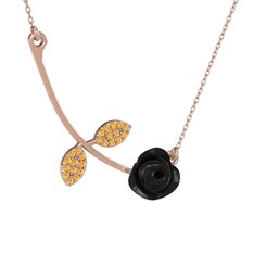 Gül Yaprağı Kolye - Sitrin 14 ayar rose altın kolye (Siyah mineli, 40 cm rose altın rolo zincir) #pp87xh