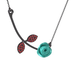 Gül Yaprağı Kolye - Garnet 925 ayar siyah rodyum kaplama gümüş kolye (Turkuaz mineli, 40 cm gümüş rolo zincir) #q9pd48