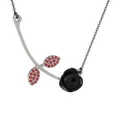 Gül Yaprağı Kolye - Garnet 14 ayar beyaz altın kolye (Siyah mineli, 40 cm gümüş rolo zincir) #qro99p
