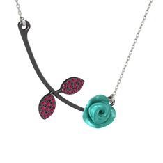 Gül Yaprağı Kolye - Rodolit garnet 925 ayar siyah rodyum kaplama gümüş kolye (Turkuaz mineli, 40 cm beyaz altın rolo zincir) #rx5r16