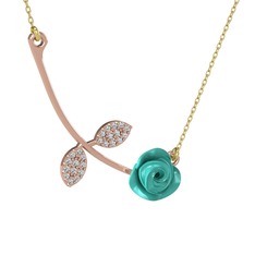 Gül Yaprağı Kolye - Beyaz zirkon 8 ayar rose altın kolye (Turkuaz mineli, 40 cm altın rolo zincir) #rzivnk