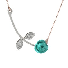 Gül Yaprağı Kolye - Swarovski 8 ayar beyaz altın kolye (Turkuaz mineli, 40 cm rose altın rolo zincir) #sn7168