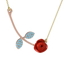Akuamarin 8 ayar rose altın kolye (Kırmızı mineli, 40 cm gümüş rolo zincir)