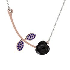 Gül Yaprağı Kolye - Lab safir 18 ayar rose altın kolye (Siyah mineli, 40 cm gümüş rolo zincir) #ua1x45