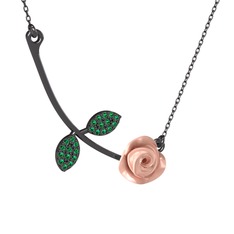 Gül Yaprağı Kolye - Yeşil kuvars 925 ayar siyah rodyum kaplama gümüş kolye (Pembe mineli, 40 cm gümüş rolo zincir) #uku4db