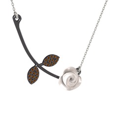 Gül Yaprağı Kolye - Dumanlı kuvars 925 ayar siyah rodyum kaplama gümüş kolye (Beyaz mineli, 40 cm beyaz altın rolo zincir) #wk9pji