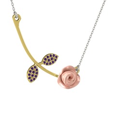 Ametist 925 ayar altın kaplama gümüş kolye (Pembe mineli, 40 cm beyaz altın rolo zincir)