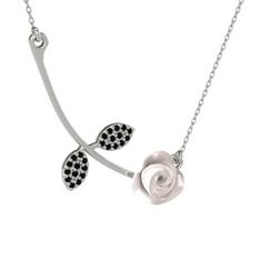 Gül Yaprağı Kolye - Siyah zirkon 18 ayar beyaz altın kolye (Beyaz mineli, 40 cm gümüş rolo zincir) #yxvdm7