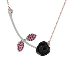 Rodolit garnet 8 ayar beyaz altın kolye (Siyah mineli, 40 cm rose altın rolo zincir)