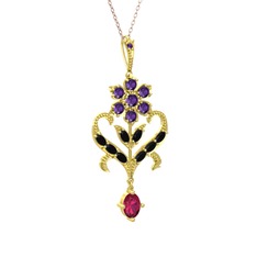 Ametist, siyah zirkon ve rodolit garnet 925 ayar altın kaplama gümüş kolye (40 cm gümüş rolo zincir)