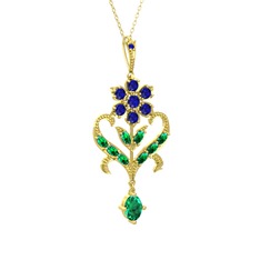 Lab safir ve yeşil kuvars 8 ayar altın kolye (40 cm gümüş rolo zincir)