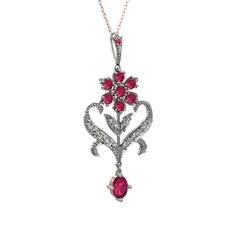 Rodolit garnet ve beyaz zirkon 925 ayar gümüş kolye (40 cm rose altın rolo zincir)