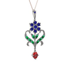 Ade Kraliyet Kolye - Lab safir, yeşil kuvars ve garnet 14 ayar beyaz altın kolye (40 cm gümüş rolo zincir) #10a4bgv