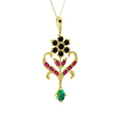 Ade Kraliyet Kolye - Siyah zirkon, rodolit garnet ve yeşil kuvars 8 ayar altın kolye (40 cm altın rolo zincir) #10becac
